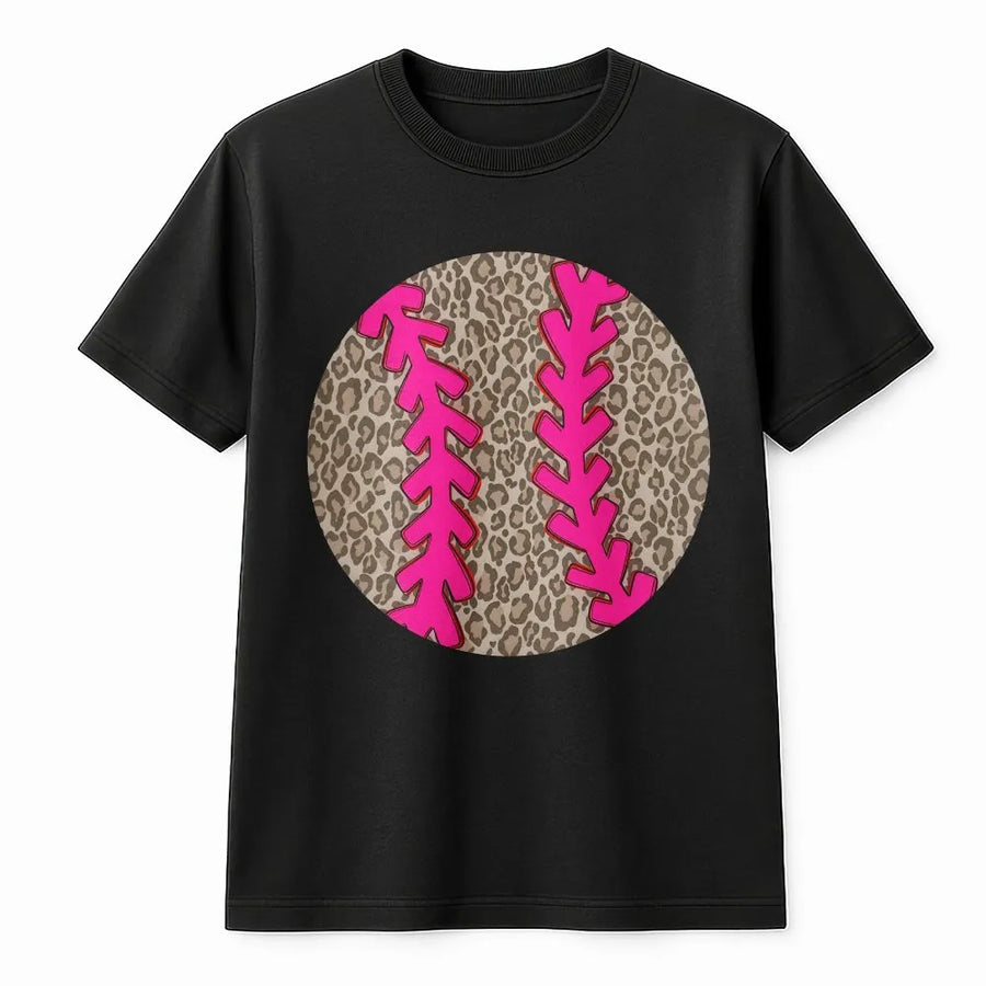 Leopard Print Baseball T-Shirt | Cute Cheetah Ball Graphic with Pink Stitching | Premium Soft Cotton Blend | Game Day Gift for Mom