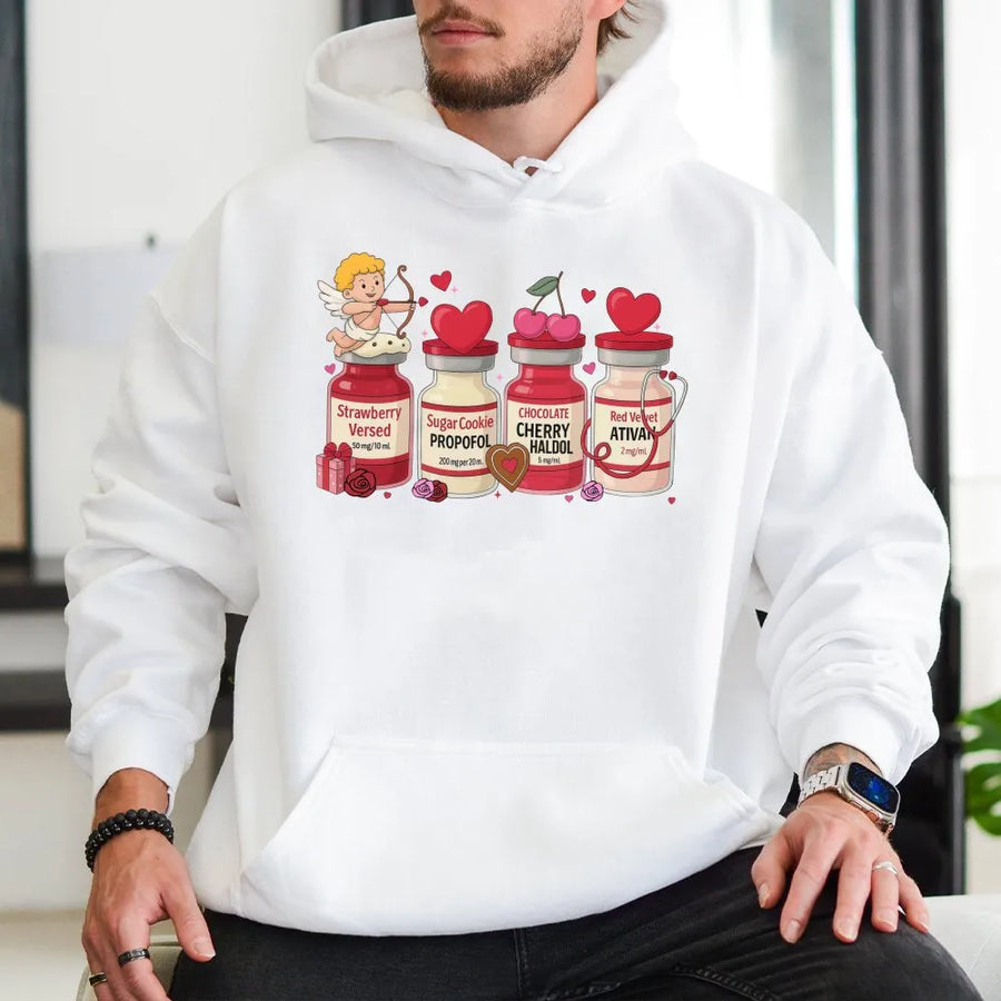 Nurse Valentine Hoodie | Funny Medical Medication Vials Design | Cotton Blend Premium Sweatshirt | Gift for Nurses & Medical Professionals