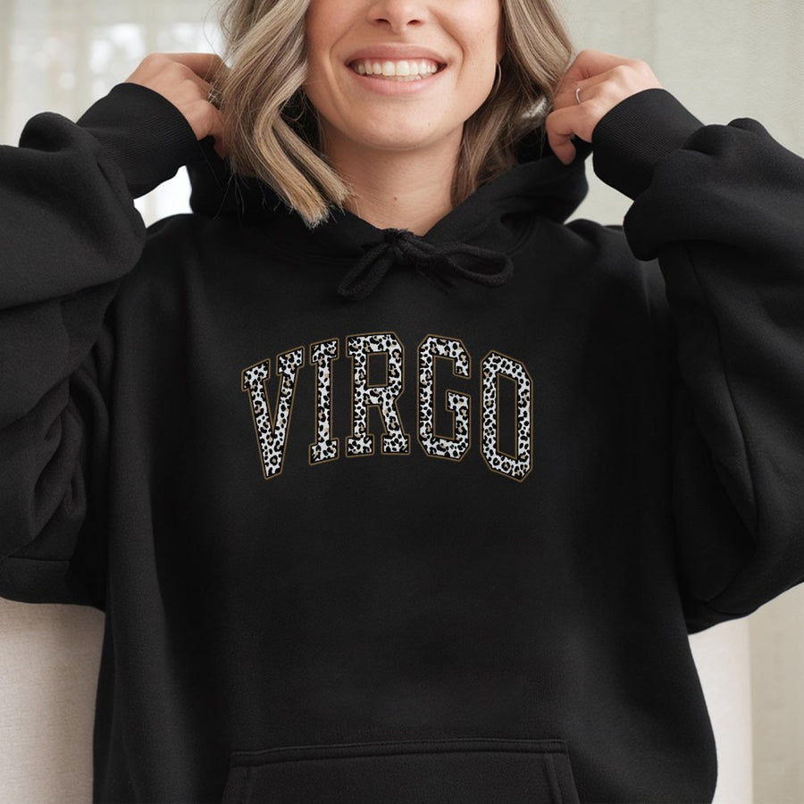 Virgo Zodiac Hoodie | Leopard Print Varsity Lettering | Premium Cotton Blend | Gift for Astrology Lovers and Birthday Zodiac Sign Enthusiasts