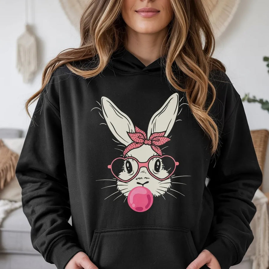 Easter Bunny Hoodie | Cute Rabbit Blowing Bubble Gum Design | Premium Cotton Blend Unisex Sweatshirt | Fun Spring Holiday Gift For Women And Kids