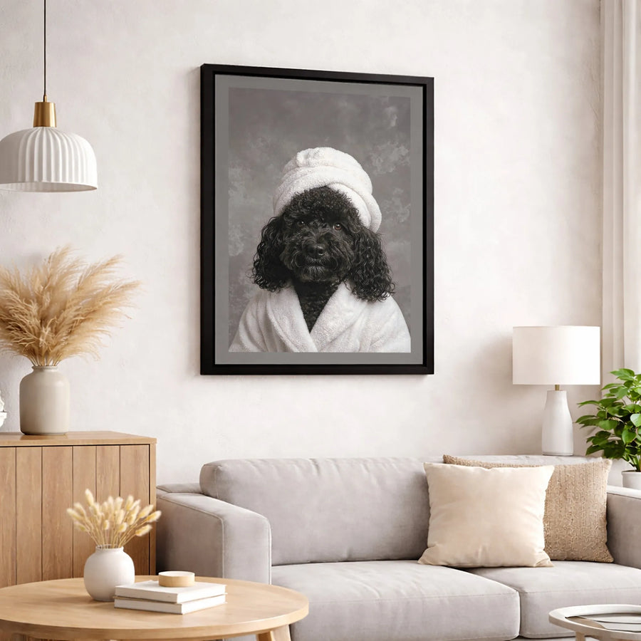 Black Poodle Canvas Print | Dog in Spa Bathrobe and Towel Wrap | Premium Gallery Wrap Wall Art | Funny Pet Bathroom Decor Gift for Dog Lovers