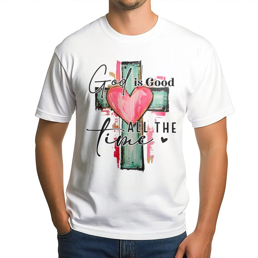 God Is Good All The Time T-Shirt | Watercolor Cross Heart Design | Premium Soft Cotton Tee | Christian Faith Gift for Women & Men