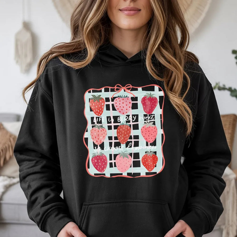 Life Is Berry Sweet Strawberry Hoodie | Coquette Aesthetic Fruit Graphic | Soft Cotton-Blend Fleece | Trendy Cottagecore Gift for Her