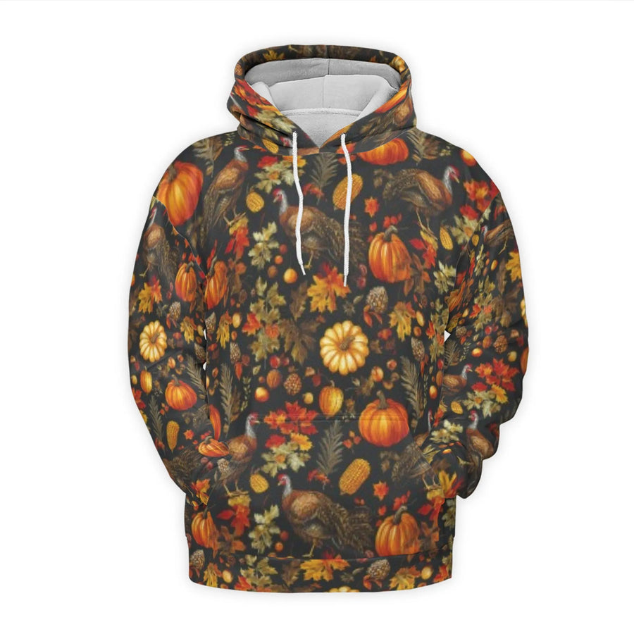 Thanksgiving Turkey Hoodie | Autumn Harvest Pumpkin All-Over Print | Premium Polyester Fleece Lining | Unisex Fall Seasonal Gift for Adults