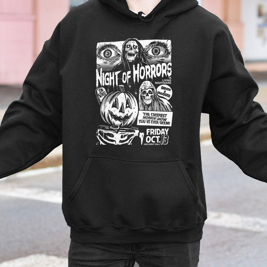 Night of Horrors Halloween Hoodie | Vintage Creepy Skull & Pumpkin Graphic | Premium Cotton-Blend Pullover | Spooky Horror Movie Fan Gift