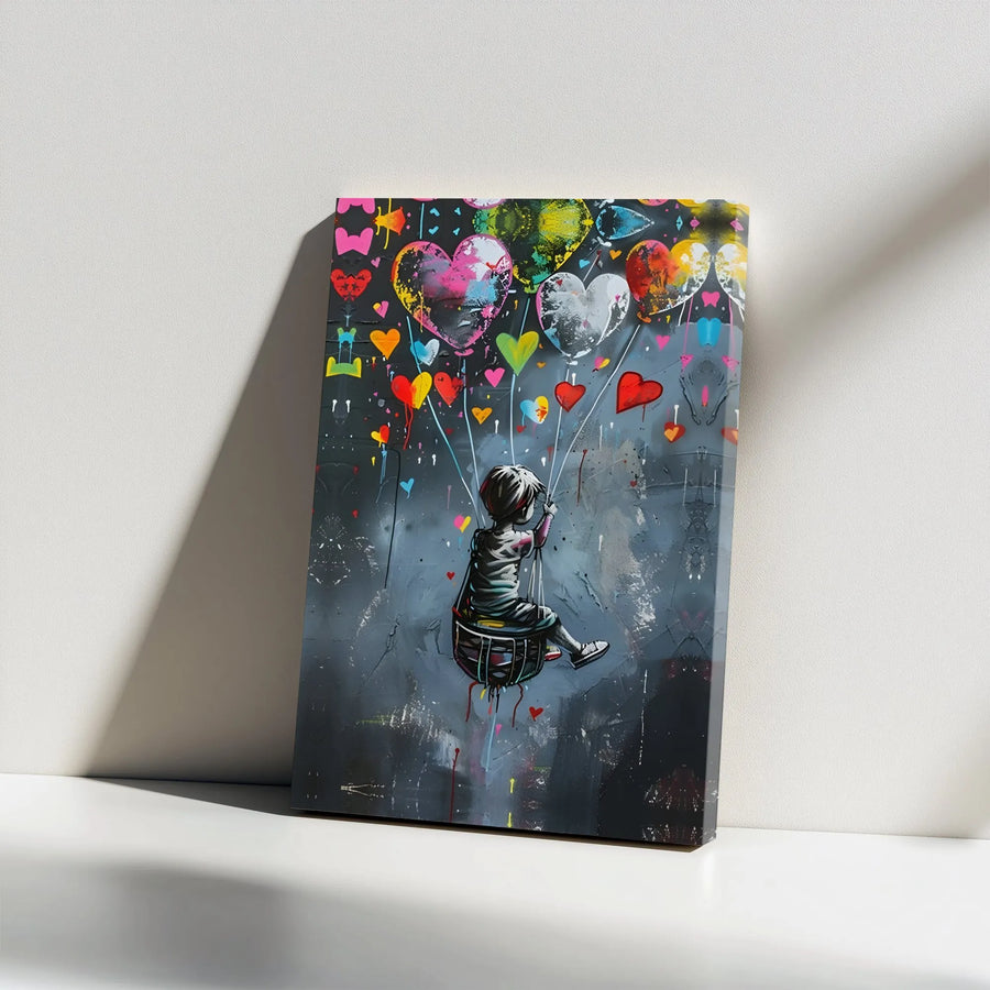 Graffiti Street Art Canvas | Boy Floating with Colorful Heart Balloons | Premium Gallery Wrap 1.25 inch | Modern Home Wall Decor Gift