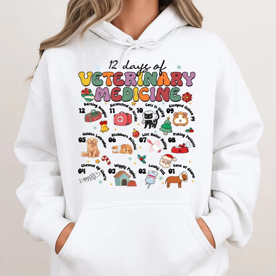 12 Days Of Veterinary Medicine Hoodie | Funny Vet Tech Christmas Sweatshirt | Premium Cotton Blend | Gift For Veterinarians And Vet Students