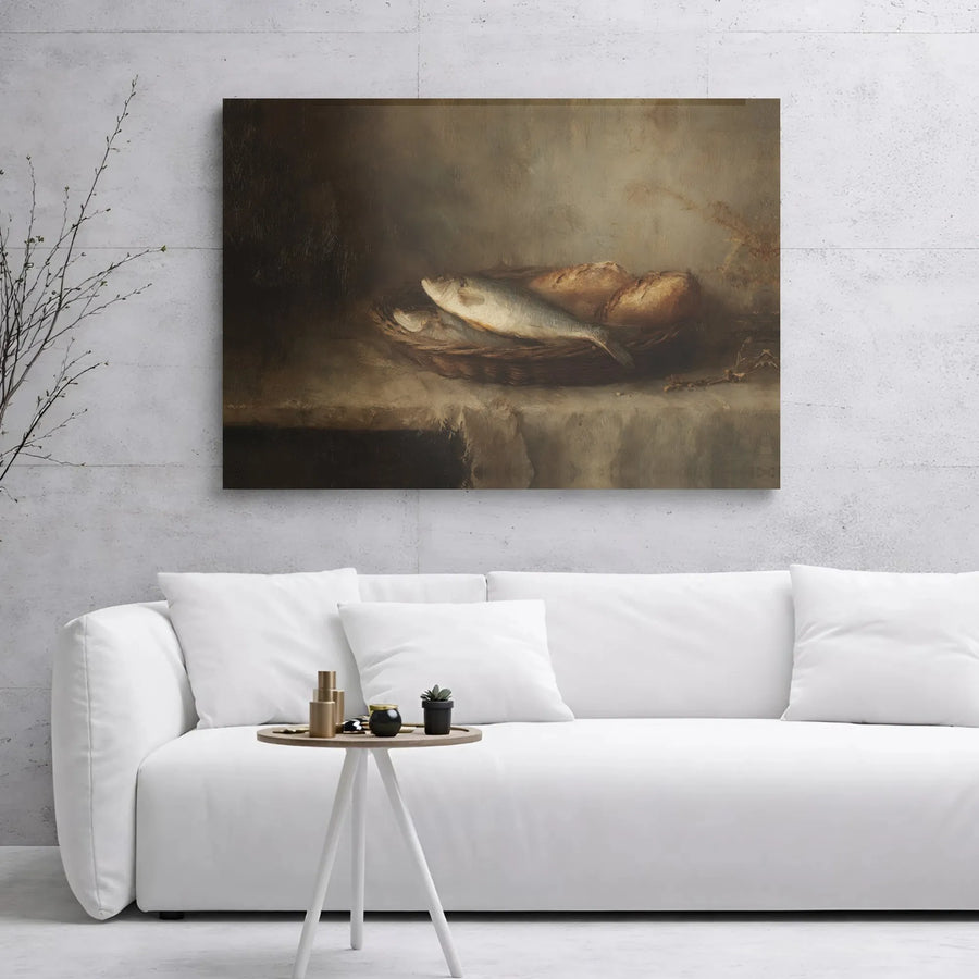 Still Life Oil Painting Canvas | Vintage Fish and Bread Kitchen Wall Art | Premium Gallery Wrapped Print | Rustic Farmhouse Home Decor Gift