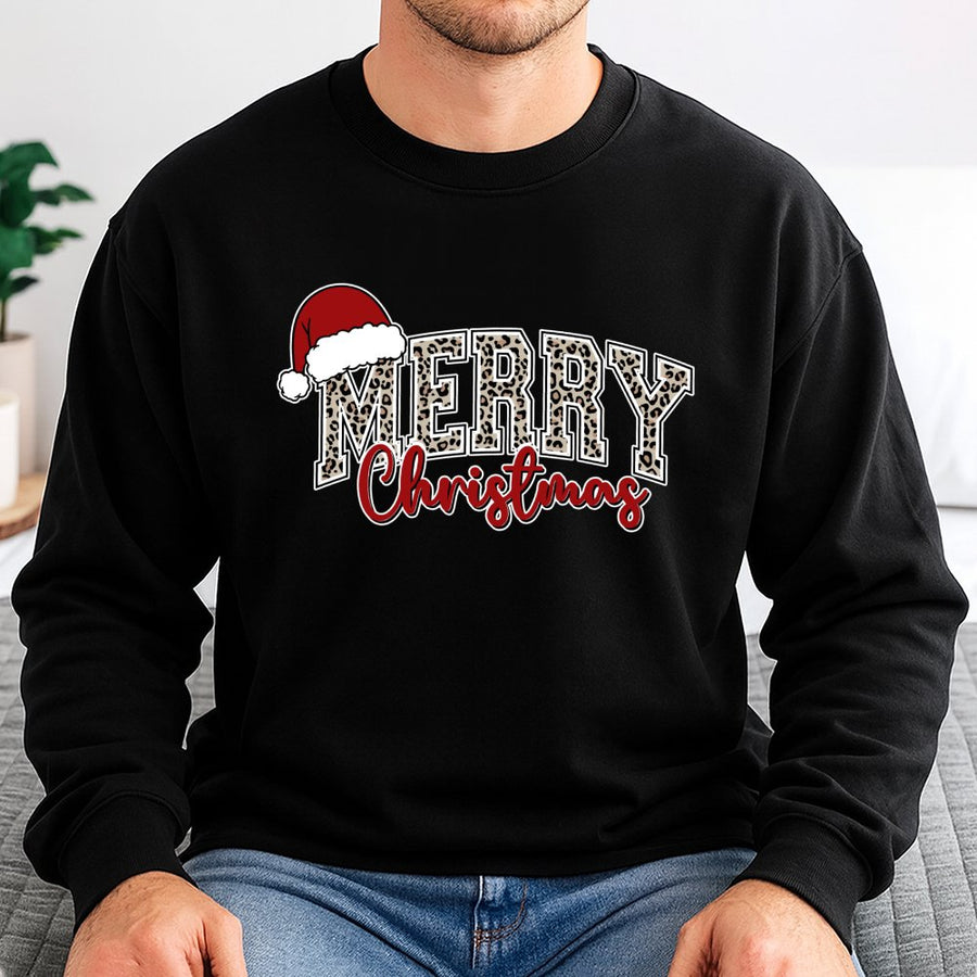 Merry Christmas Sweatshirt | Leopard Print Santa Hat Holiday Graphic | Premium Cotton Blend | Unisex Cozy Winter Gift For Women And Men
