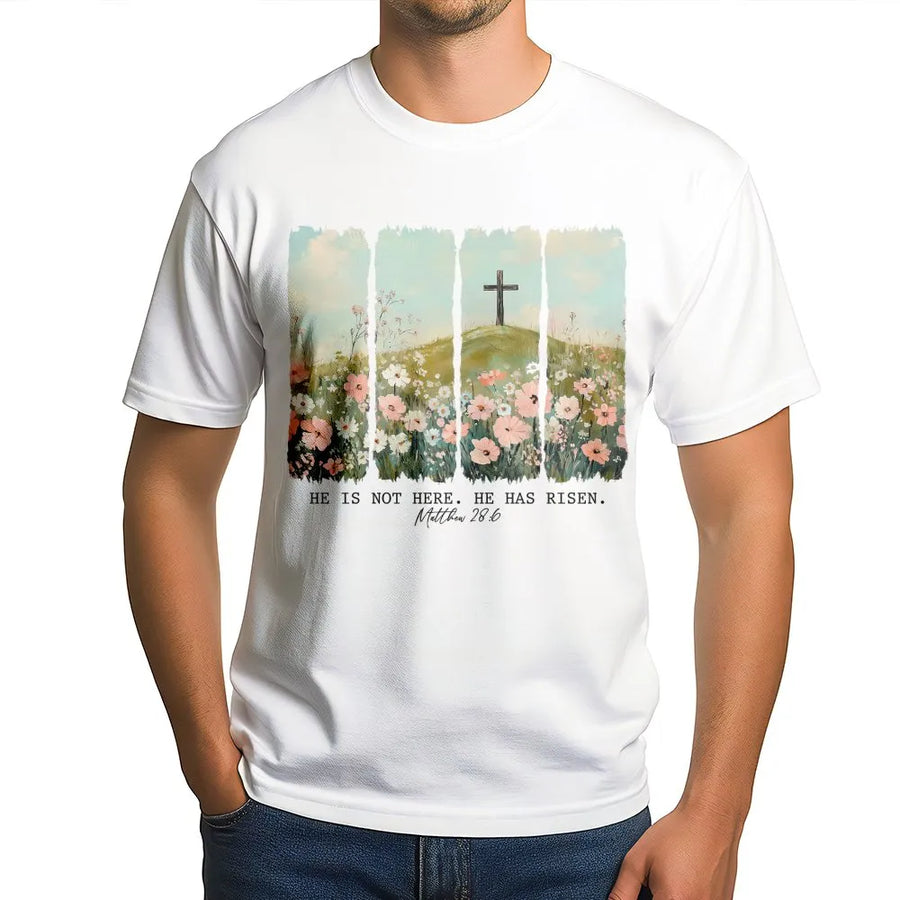 He Is Risen Christian T-Shirt | Easter Wildflower Cross Design | Premium 100% Cotton Tee | Religious Gift for Women and Men