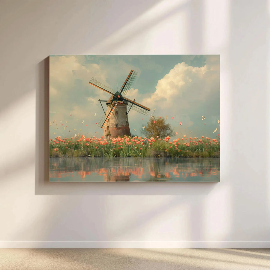 Dutch Windmill Canvas Wall Art | Floral Tulip Field Landscape | Premium Gallery Wrapped Print | Nature Home Decor Gift