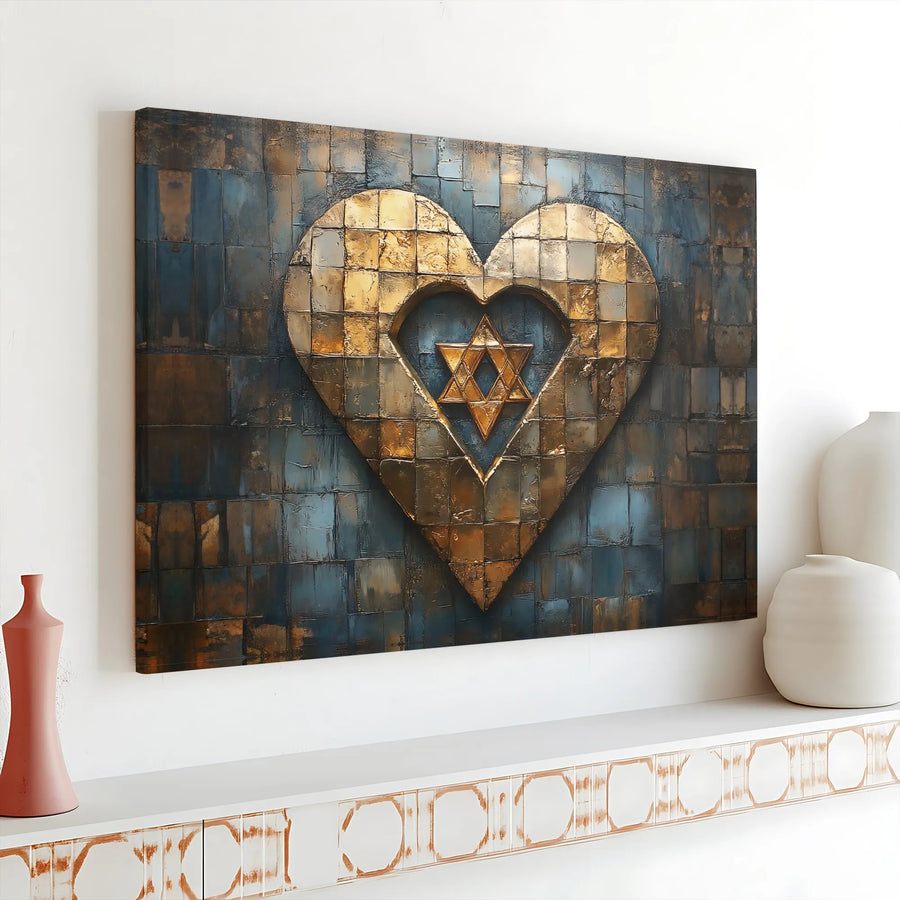 Star of David Wall Art | Abstract Mosaic Golden Heart Canvas | Premium 1.25-Inch Gallery Wrap | Jewish Home Decor and Spiritual Gift