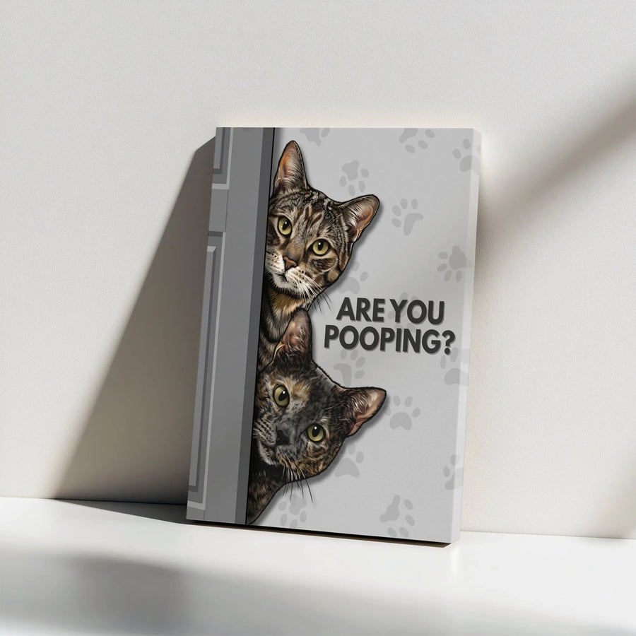 Funny Cat Bathroom Wall Art | 'Are You Pooping?' Peeking Cats Sign | Premium Gallery Wrap Canvas | Humorous Restroom Decor Gift for Cat Lovers