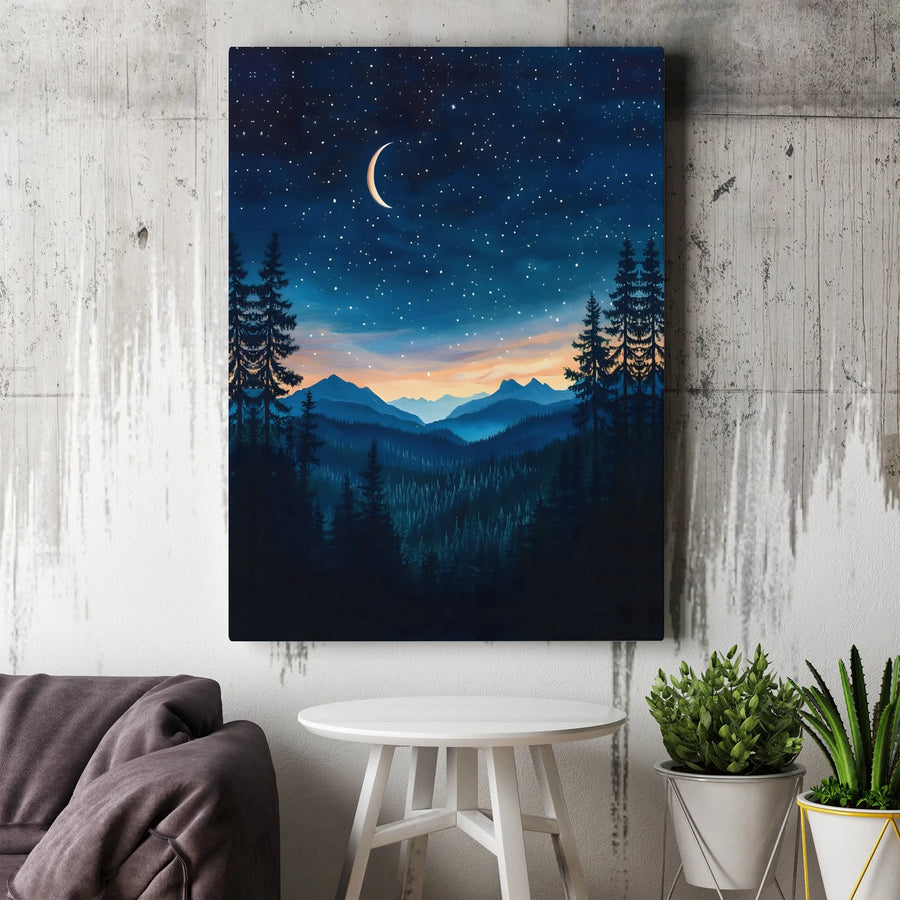 Mountain Night Sky Canvas Print | Crescent Moon & Starry Forest Scene | Premium Gallery Wrapped Art | Rustic Cabin Decor Gift for Nature Lovers