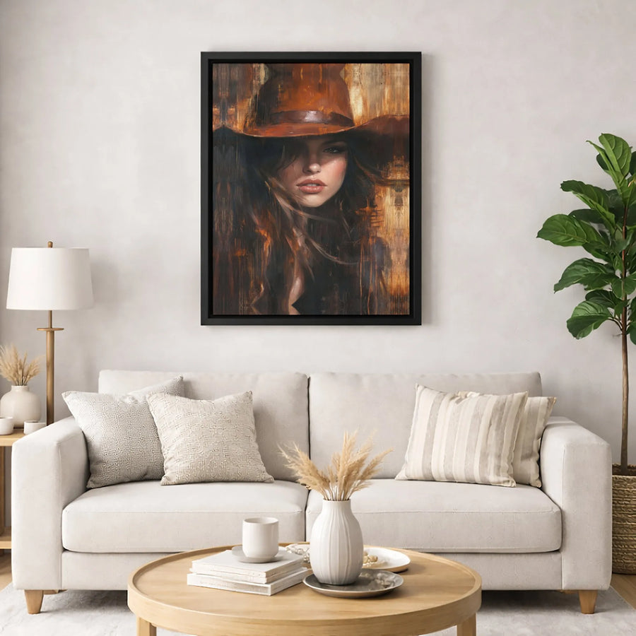 Cowgirl Wall Art Canvas | Moody Western Portrait With Cowboy Hat | Premium Gallery-Wrapped Decor | Southwestern Farmhouse Home Accent
