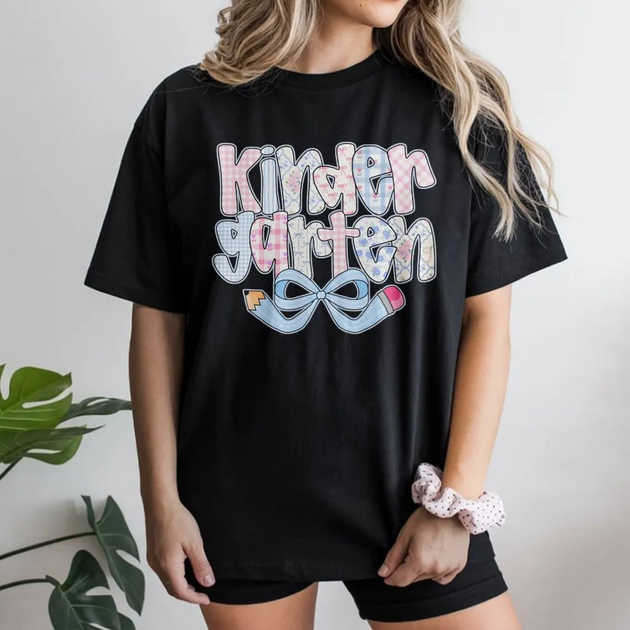 Kindergarten Teacher T-Shirt | Coquette Pencil Bow Graphic | Premium Cotton Blend | Gift for New Teacher Back to School Outfit