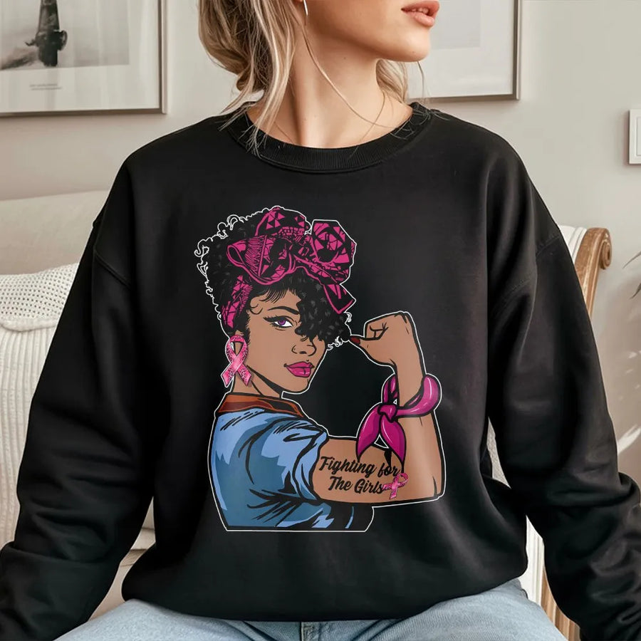 Breast Cancer Awareness Sweatshirt | Black Woman Fighting For The Girls | Premium Cotton Blend Crewneck | October Pink Ribbon Gift for Survivor