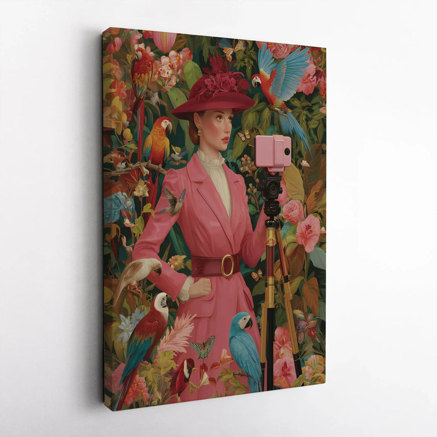 Influencer Woman Portrait Canvas Art | Vintage Aesthetic Parrot Tropical Design | Premium 1.25" Gallery Wrap | Modern Home Office Decor Gift