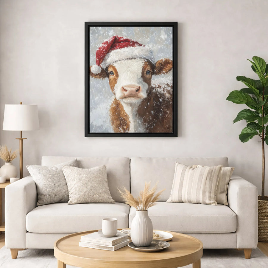 Christmas Cow Canvas Art | Farmhouse Winter Animal Portrait | Premium Gallery Wrapped Print | Holiday Wall Decor Gift for Farm Lovers