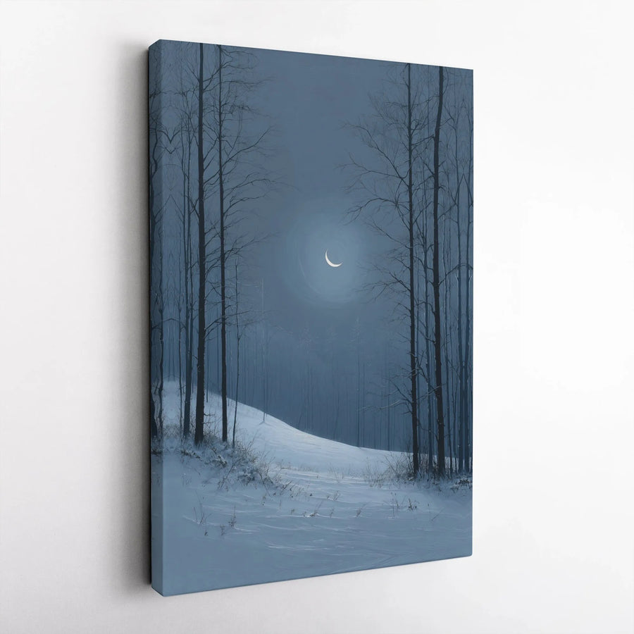 Winter Forest Canvas Print | Snowy Night Crescent Moon Wall Art | Gallery Quality 1.25" Profile | Serene Landscape Decor for Home or Office