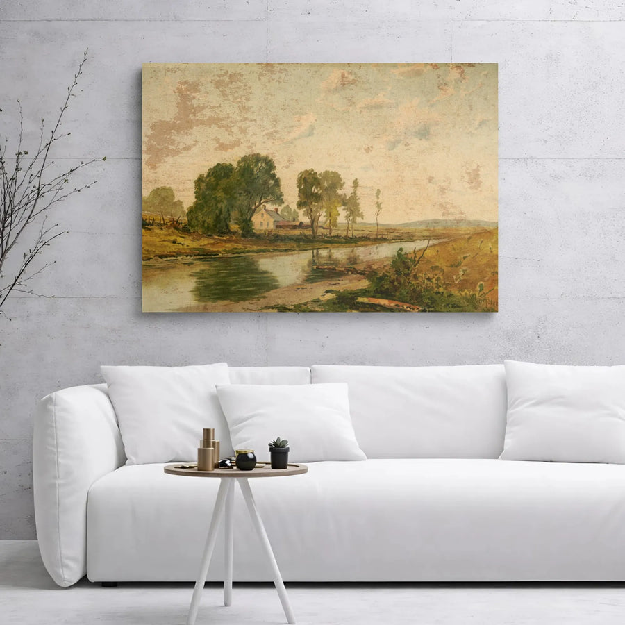 Vintage River Landscape Canvas Art | Farmhouse Pastoral Scene Wall Decor | 1.25-Inch Gallery Wrap Premium Print | Classic Countryside Home Gift