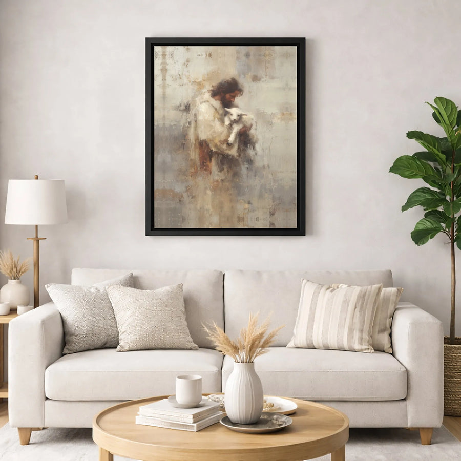 Jesus With Lamb Wall Art | Abstract Christian Canvas Print | Premium Gallery Wrapped Decor | Spiritual Religious Gift For Home