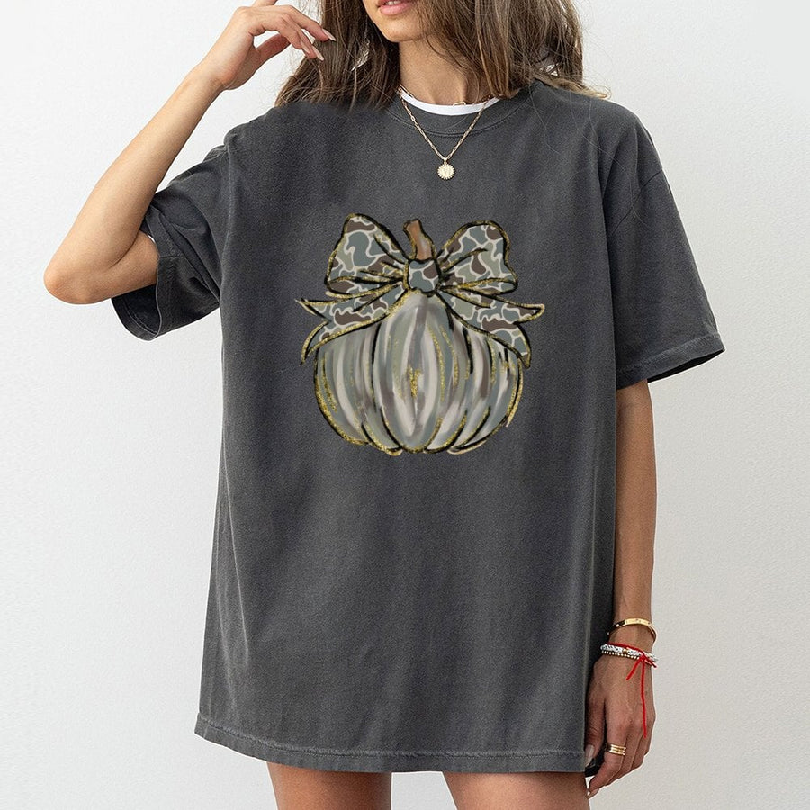 Camo Pumpkin T-Shirt | Western Coquette Bow Fall Graphic Tee | 100% Premium Cotton | Cute Autumn Apparel Gift for Her