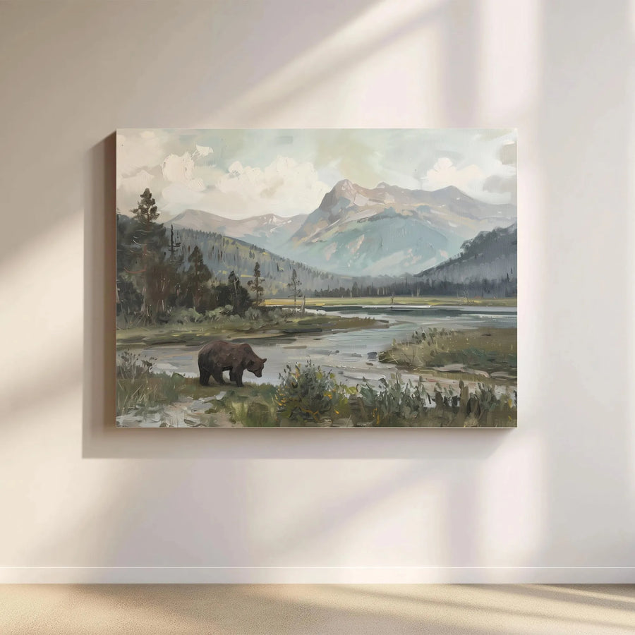 Brown Bear Canvas Print | Mountain River Landscape Wall Art | Premium 1.25" Gallery Wrap | Nature Lover Home Decor Gift