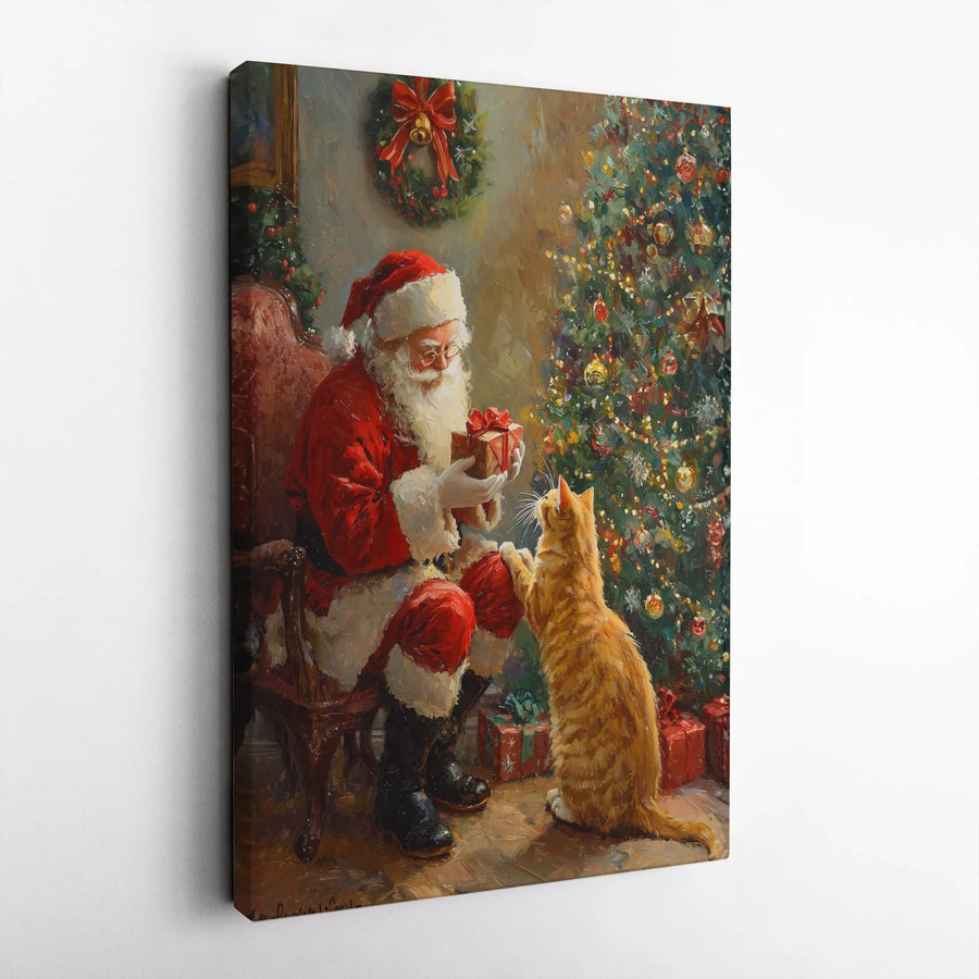 Santa Claus and Cat Canvas Wall Art | Vintage Christmas Painting Print | Premium Gallery-Wrapped Art | Festive Holiday Home Decor Gift