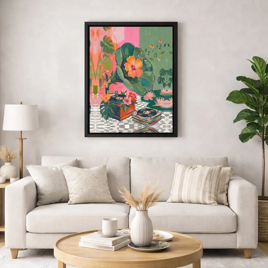 Tropical Gramophone Canvas Print | Floral Music Art With Vinyl Records | Premium Gallery Wrap Wall Decor | Boho Music Lover Gift For Home