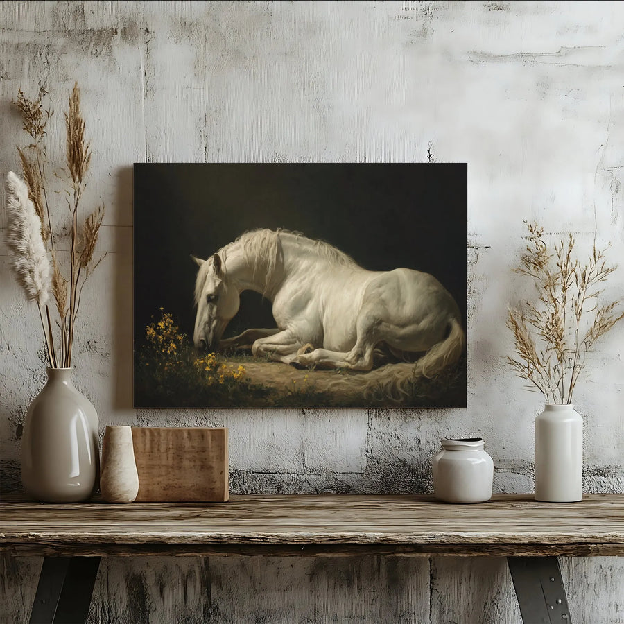 White Horse Canvas Wall Art | Vintage Oil Painting Style Print | Premium Gallery Wrapped Canvas | Collector's Equestrian Home Decor Gift