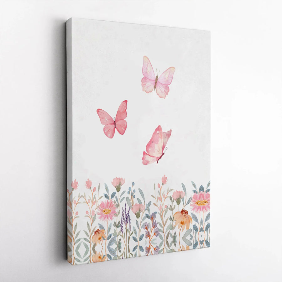 Watercolor Butterfly Wall Art | Pink Wildflower Botanical Print | 1.25 Inch Premium Gallery Canvas | Aesthetic Home Decor Gift