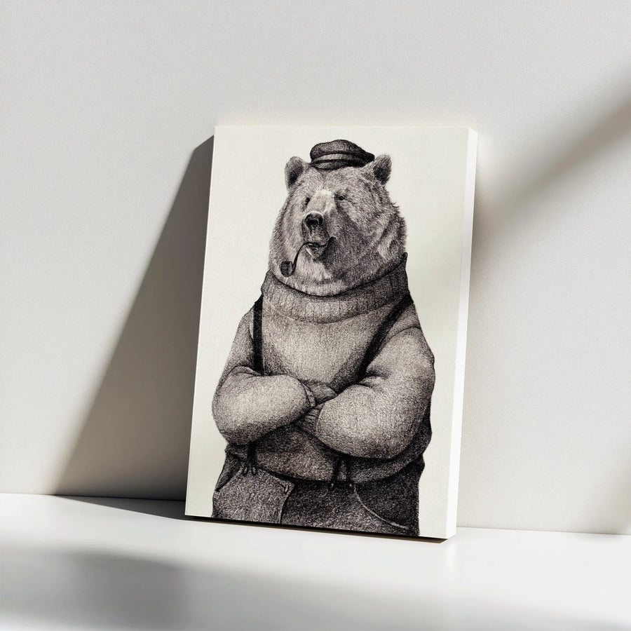 Sailor Bear Canvas Wall Art | Vintage Bear Smoking Pipe Illustration | Premium Gallery Wrap Canvas | Nautical Home Decor Gift for Him