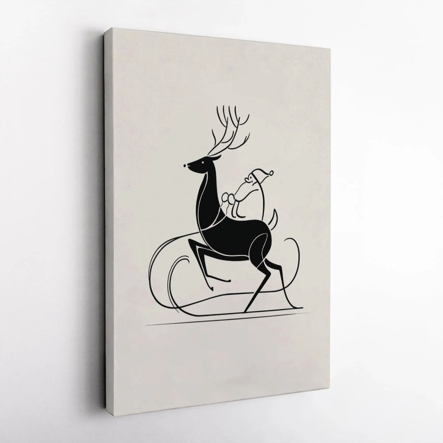Minimalist Santa Reindeer Canvas Wall Art | Mid Century Line Drawing | Premium Gallery Wrapped Print | Modern Christmas Home Decor Gift