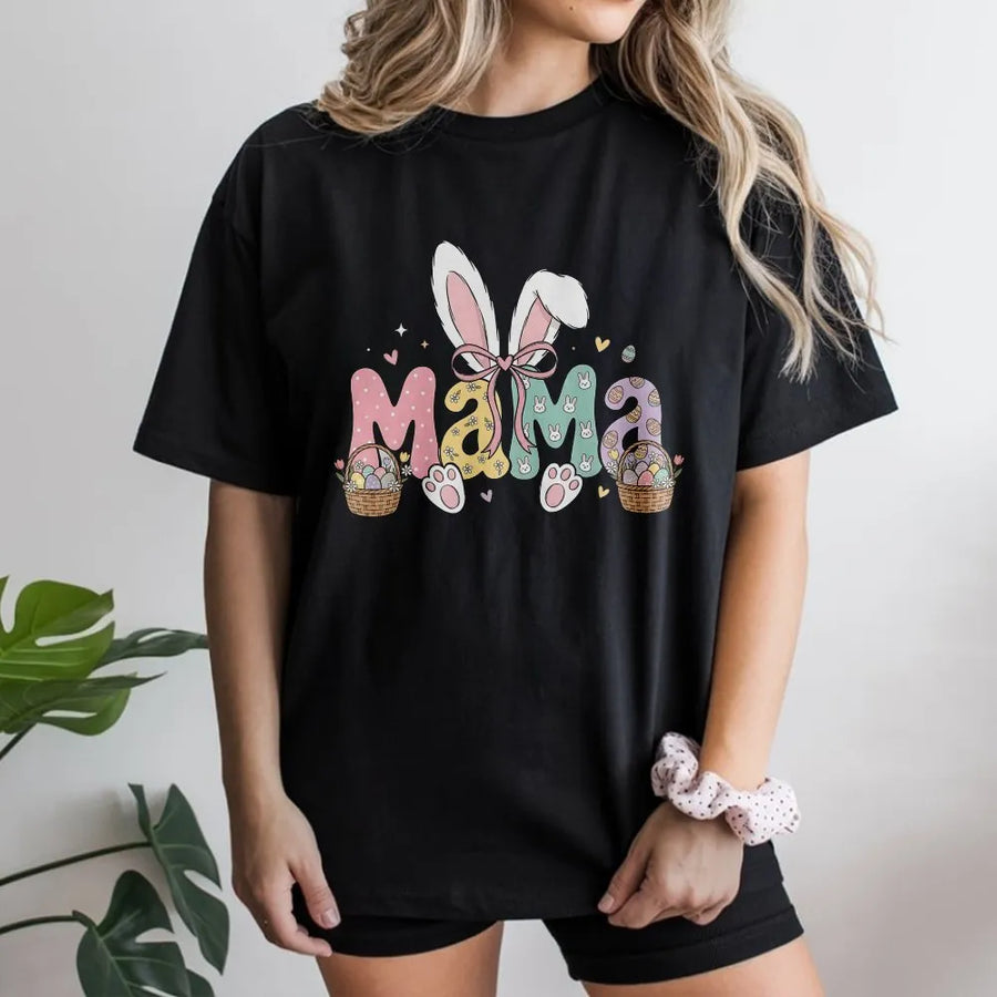 Easter Mama T-Shirt | Pastel Bunny Ear Typography Design | Premium Soft Cotton | Cute Mommy and Me Spring Gift for Mom