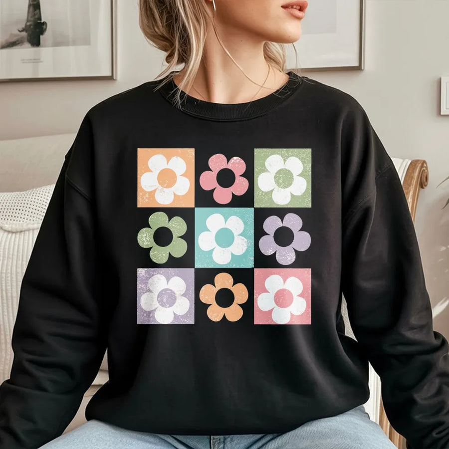 Retro Floral Grid Sweatshirt | Vintage 70s Boho Flower Graphic | Soft 100% Cotton Tee | Aesthetic Summer Gift for Her