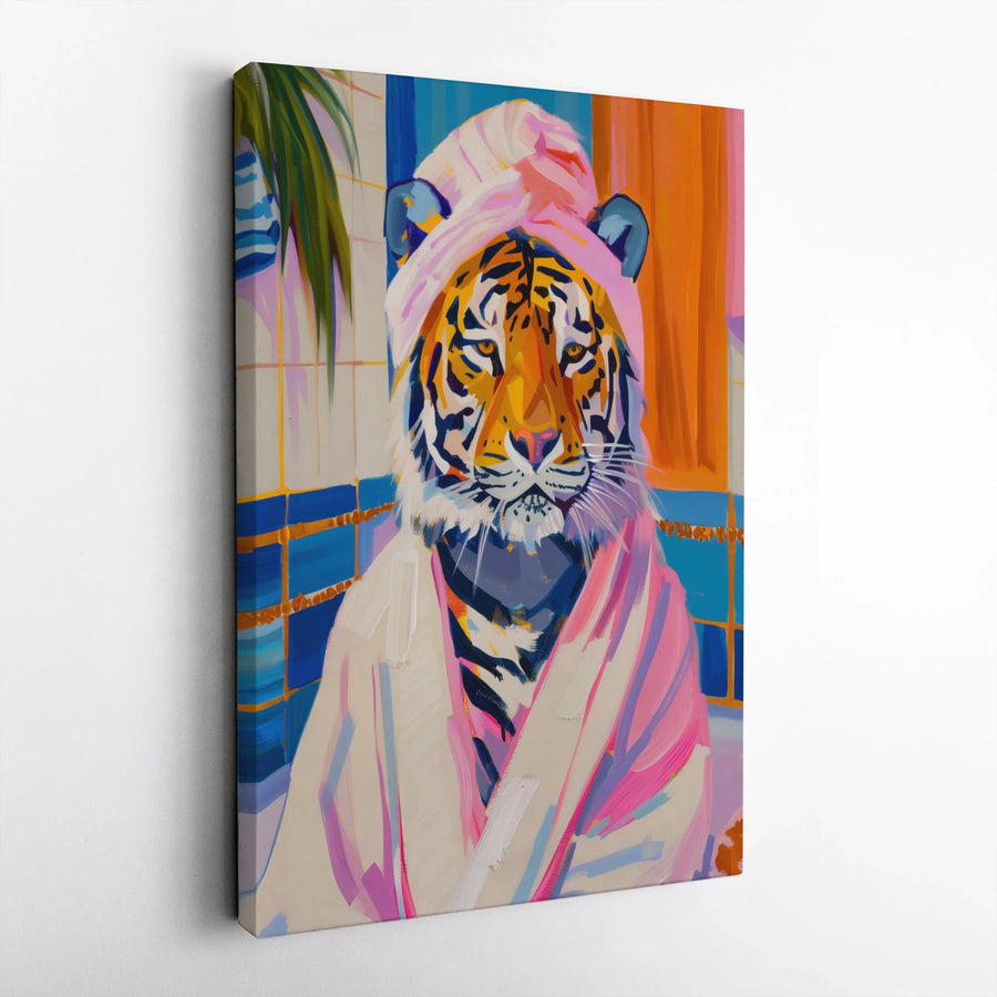 Tiger In Bathrobe Canvas Wall Art | Colorful Bathroom Animal Portrait | Premium Gallery Wrap Print | Whimsical Home Decor Gift