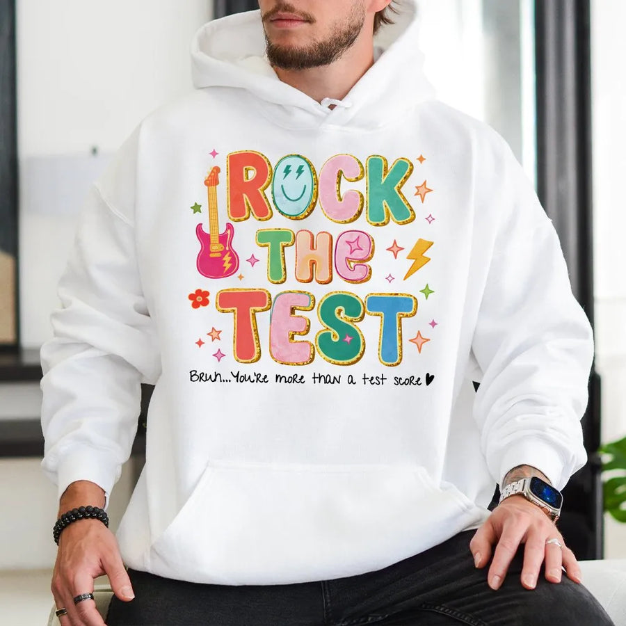 Rock The Test Hoodie | Colorful Retro Graphic Sweatshirt | Premium Cotton-Blend | Motivational Teacher Gift for State Testing Week