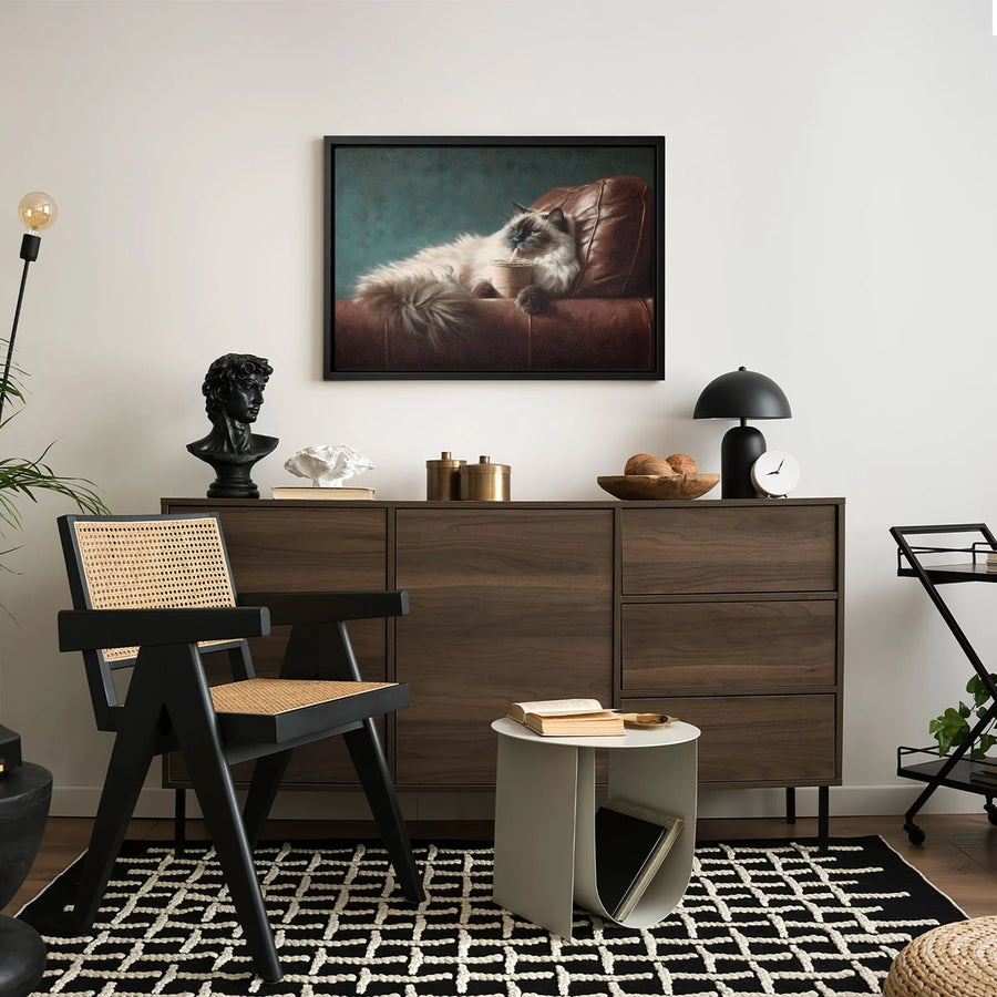 Fluffy Cat Drinking Coffee Canvas Wall Art | Whimsical Pet Portrait on Leather Couch | Premium 1.25" Gallery Wrap | Unique Home Decor Gift for Cat Lovers