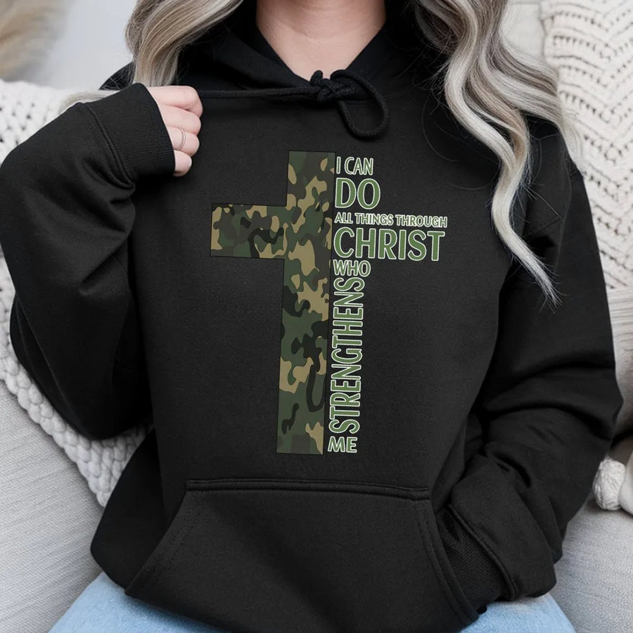 I Can Do All Things Through Christ Hoodie | Camo Cross Bible Verse Design | Premium Cotton Blend | Inspirational Religious Gift for Men and Women