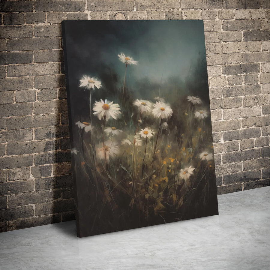 Moody Wildflower Daisy Canvas Print | Dark Floral Botanical Wall Art | Premium Gallery Wrapped Canvas | Elegant Home Decor Gift For Nature Lovers