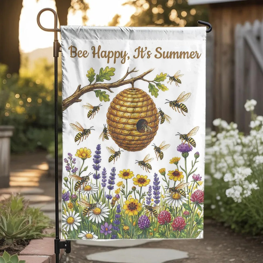 Bee Happy Summer Garden Flag | Vintage Wildflower & Beehive Illustration | Double Sided Weather Resistant Fabric | Premium Outdoor Yard Decor