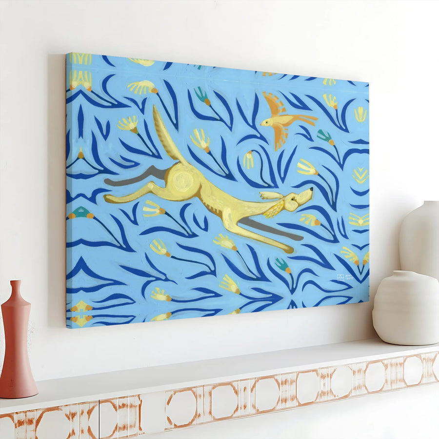 Golden Retriever Canvas Wall Art | Joyful Folk Art Dog and Bird Print | Premium Gallery Wrap Canvas | Modern Nursery Decor Gift for Dog Lovers