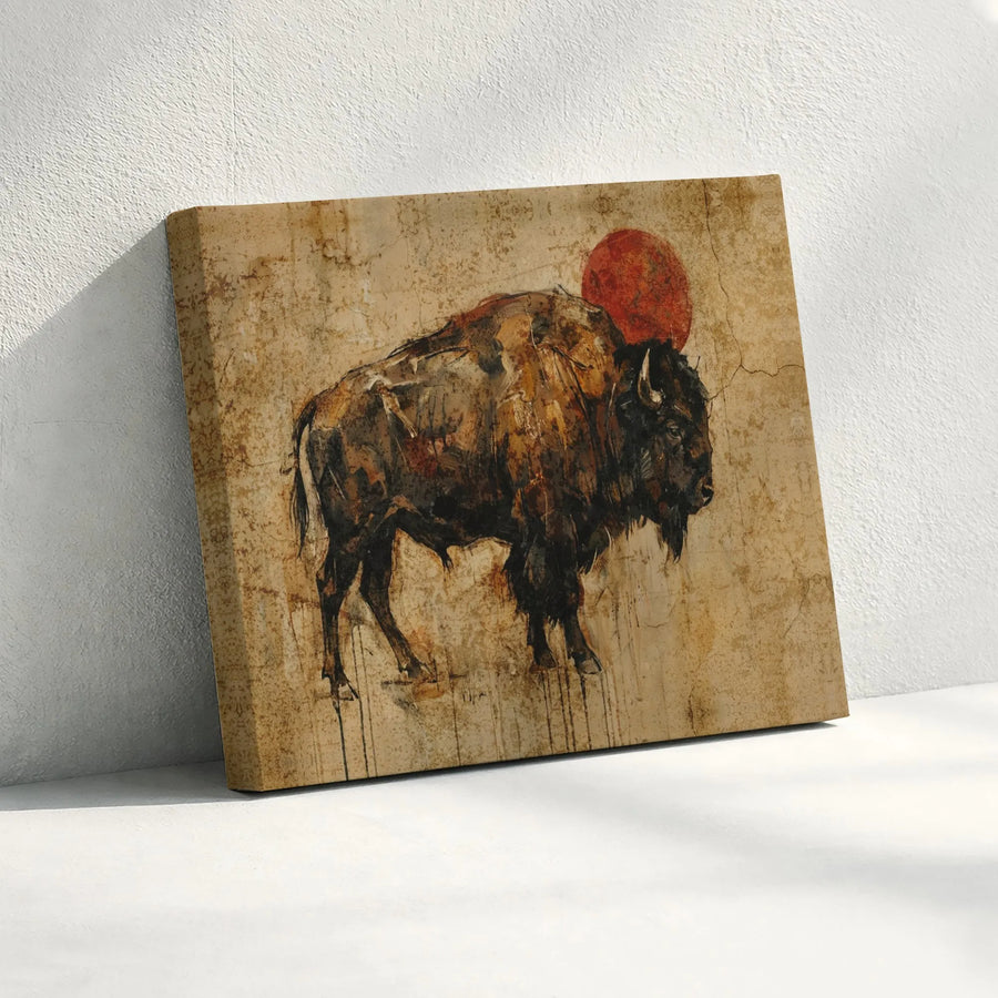 Rustic Buffalo Canvas Print | Western Animal Art with Red Sun | Premium Gallery Quality Print | Southwestern Lodge & Cabin Decor Gift
