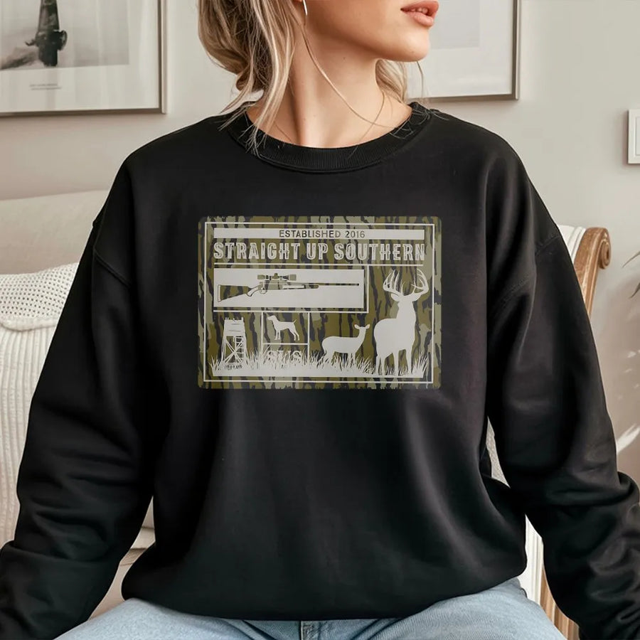 Deer Hunting Sweatshirt | Straight Up Southern Camo Graphic | Soft Cotton Blend | Outdoorsman Gift for Hunter
