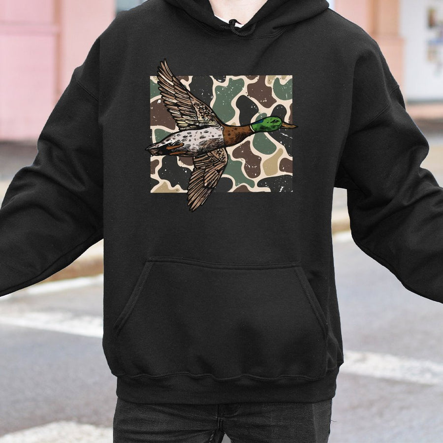 Mallard Duck Hunting Hoodie | Vintage Camo Wildlife Art | Premium Cotton Blend Sweatshirt | Gift for Hunters and Outdoorsmen