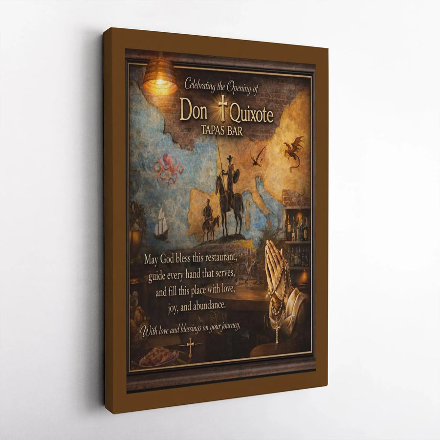Restaurant Blessing Canvas Wall Art | Don Quixote Vintage Map & Christian Prayer | Premium Stretched Canvas | Grand Opening Gift for New Business