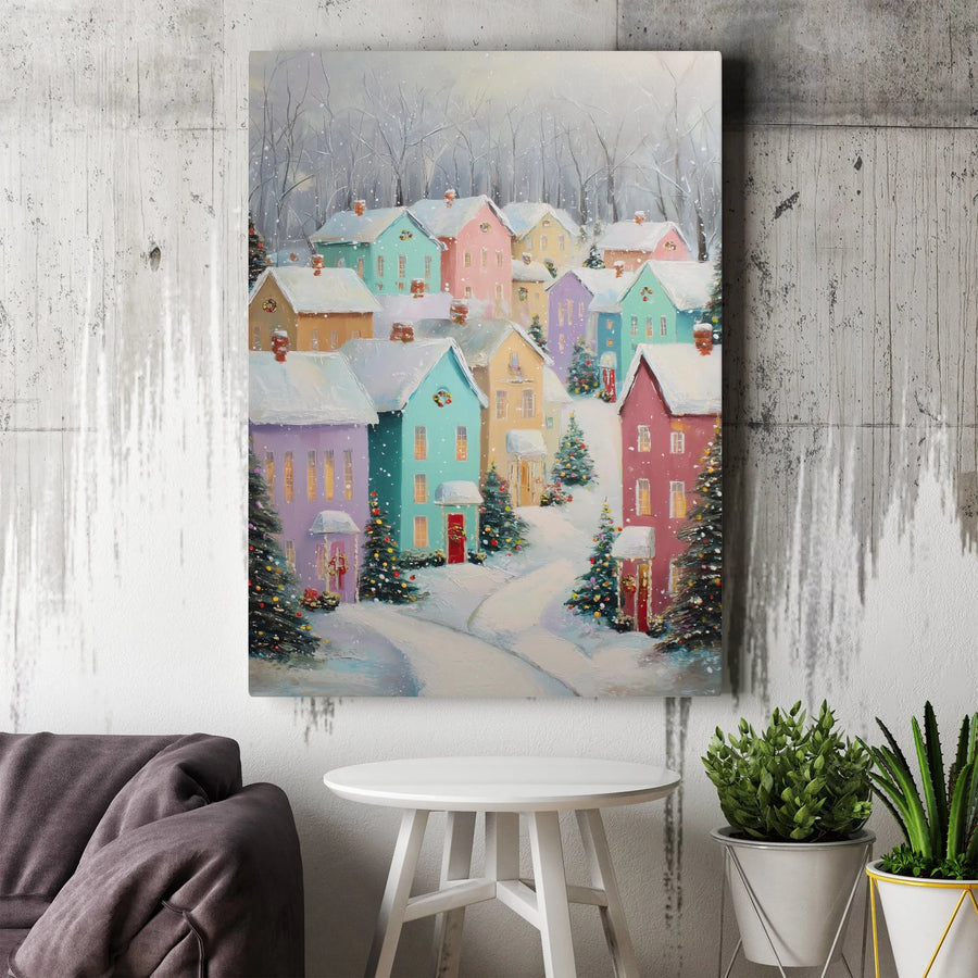 Christmas Village Canvas Print | Colorful Snowy Town Painting | Premium Thick Gallery Wrap | Holiday Home Decor Gift