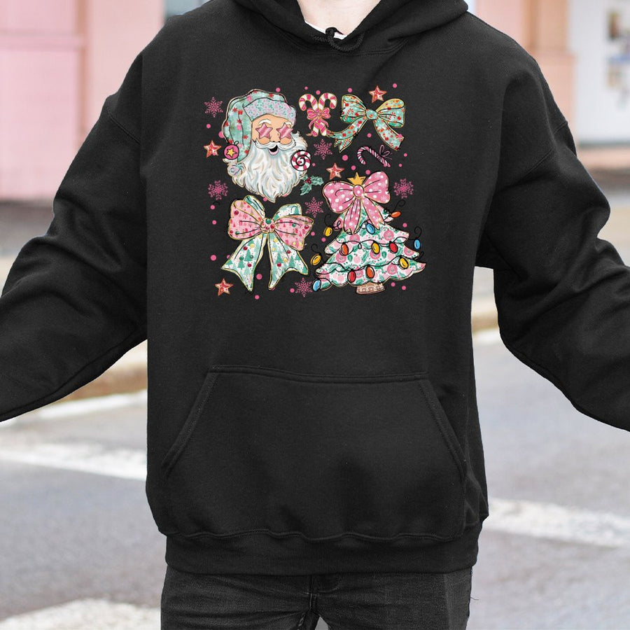 Coquette Christmas Hoodie | Pink Bow Aesthetic Santa Tree Graphic | Soft Cotton-Blend Pullover | Trendy Holiday Gift for Women and Teens