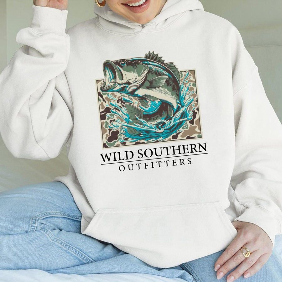 Fishing Bass Hoodie | Camo Graphic Fisherman Design | Premium Cotton Blend | Gift For Anglers Men And Women